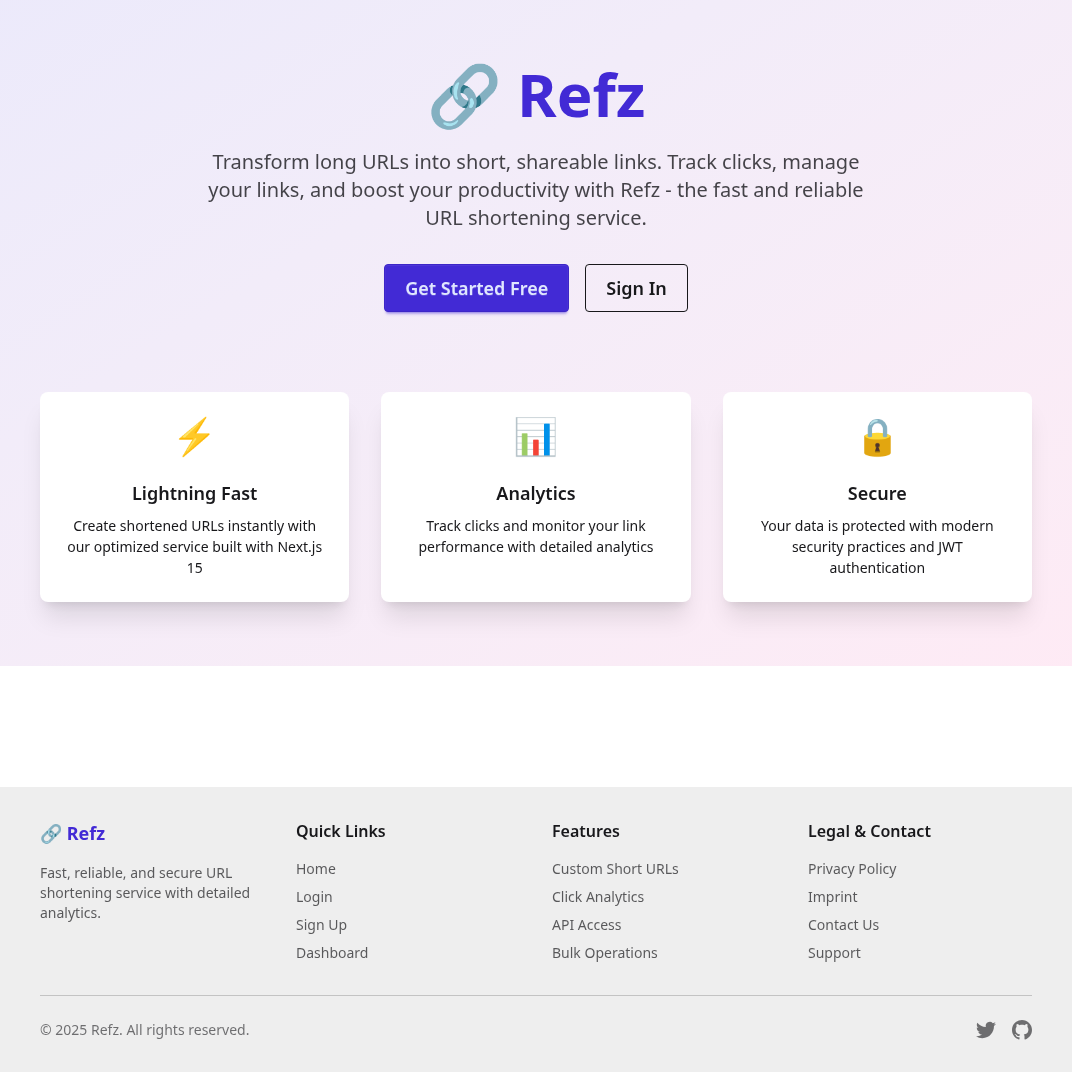 refz.link URL shortener screenshot - Modern URL shortening service with analytics